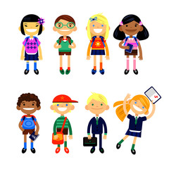 Set of characters elementary schoolchild, school students on a white background.