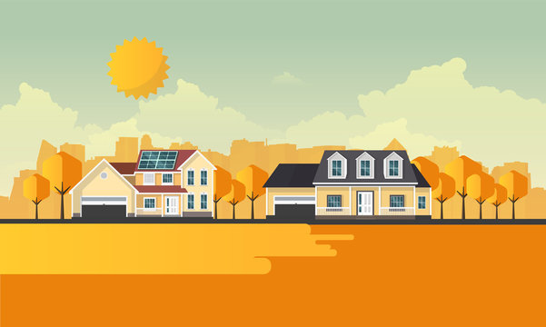 Flat Illuastration of american homes in autumn. Abstract Vector Design.

