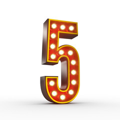 High quality 3D illustration of the number five in vintage style with light bulbs illuminating it. Clipping path included.