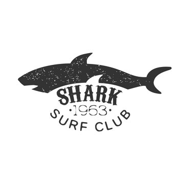 Grey Shark Summer Surf Club Black And White Stamp With Dangerous Animal Silhouette Template