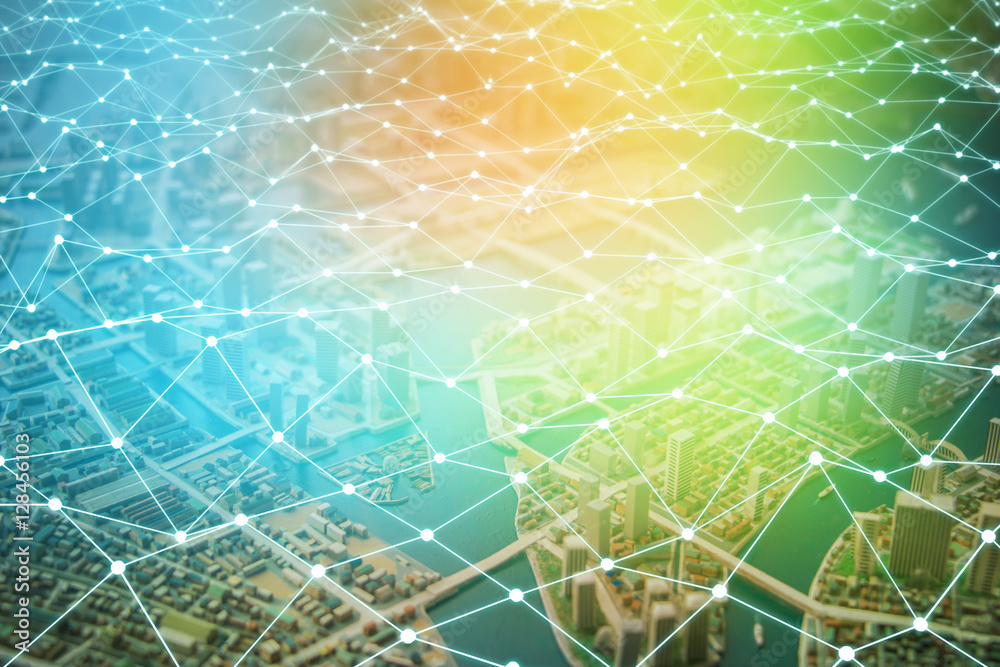 Poster modern city diorama and network grid pattern, internet, sensor network, smart grid, abstract image v