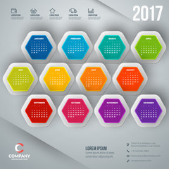 Calendar for 2017 year. Vector design stationery template. Week starts Monday. Vector illustration