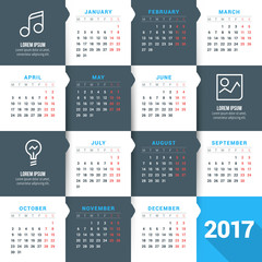 Calendar for 2017 year. Vector design stationery template with business concept icons. Week starts Sunday. Flat style color vector illustration