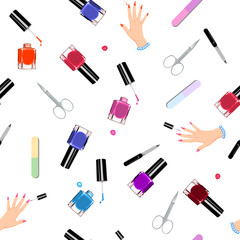 Seamless pattern manicure tools on a white background. Vector illustration. Hand drawing manicure tools. Manicure tools card. - 128458137