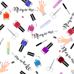 Seamless pattern manicure tools on a white background. Vector illustration. Hand drawing manicure tools. Manicure tools card. - 128458317