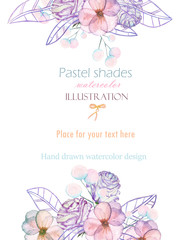 Template postcard with with watercolor tender flowers and leaves in pastel shades, hand drawn on a white background, for invitation, card decoration and other works, wedding design, greeting card