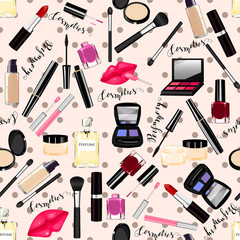 Makeup, perfume, cosmetics seamless pattern.