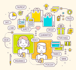 Vector illustration of talking man and woman by phone about taki