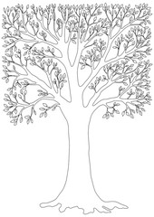 black and white vector illustration of a tree. Page coloring for adults