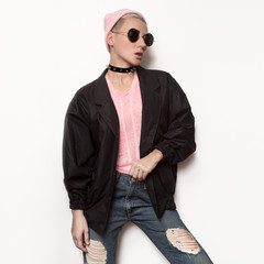 Hipster Girl. Stylish Urban. Autumn outfit. Choker. Beanie Hat.