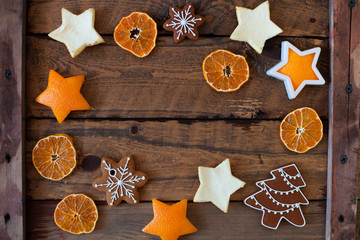 Christmas composition. Xmas cookies,  tangerines, cinnamon, fest