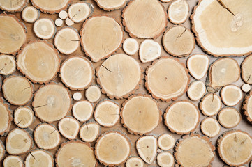wall, background of wood, cut wooden disks