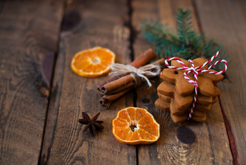 Christmas composition. Xmas cookies, tangerines, cinnamon, festi