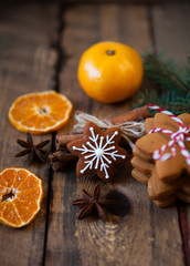 Christmas composition. Xmas cookies, tangerines, cinnamon, festi