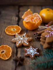 Christmas composition. Xmas cookies, tangerines, cinnamon, festi