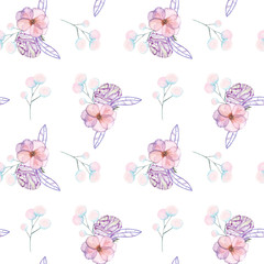 Seamless pattern with isolated watercolor floral bouquets from tender flowers and leaves in pink and purple pastel shades, hand drawn on a white background