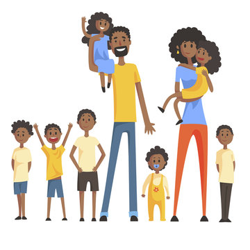 Happy Black Family With Many Children Portrait With All The Kids And Babies And Smiling Parents Colorful Illustration
