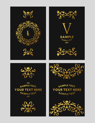 Fototapeta na wymiar Set of floral logo frame and monogram. Golden on black background. Vector illustration. Decorative elements for business card, invitation, greeting card template