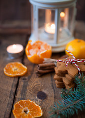 Christmas composition. Xmas cookies, tangerines, cinnamon, festi