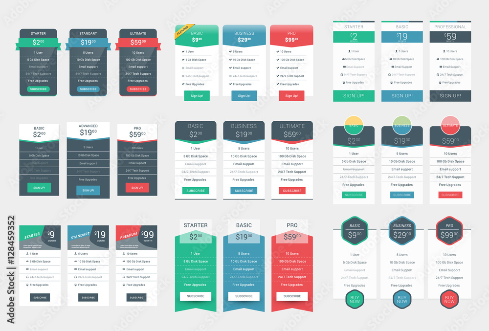 Wall mural collection of coloful pricing table design templates for websites and applications. vector pricing p