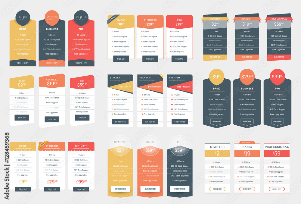 Wall mural collection of coloful pricing table design templates for websites and applications. vector pricing p