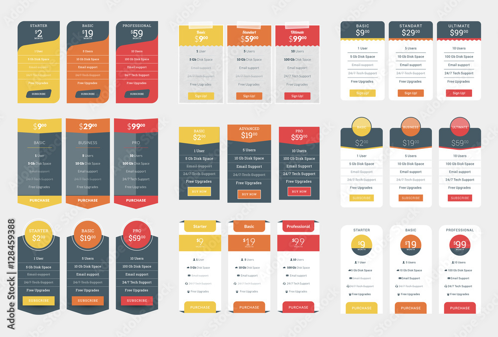 Wall mural collection of coloful pricing table design templates for websites and applications. vector pricing p