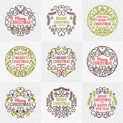 Set of Merry Christmas and Happy New Year Decorative Badges for Greetings Cards or Invitations. Vector Illustration. Typographic Design Elements. Red, Green and Brown Color Theme