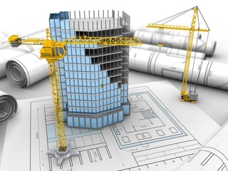 3d illustration of city building over drawing rolls background with crane