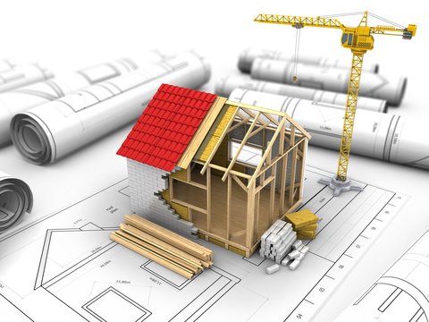 3d illustration of crane over drawings background with frame house construction