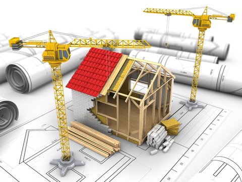 3d illustration of frame house construction over drawings background with crane