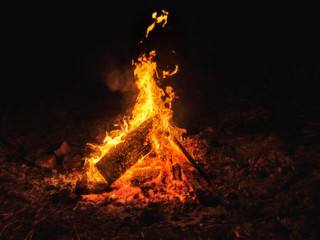 Around the campfire at night.