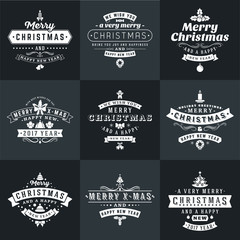 Set of Merry Christmas and Happy New Year Decorative Badges for Greetings Cards or Invitations. Vector Illustration in White and Black Colors