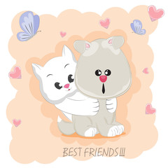Cute best friends cat and dog. Pink background with butterflies and hearts.
