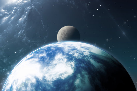 Earth like planet or Extrasolar planet with moon. 3D illustration