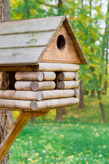 Wooden birdhouse in a beautiful autumn Park