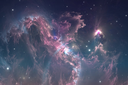 Space background with nebula and stars. Glowing nebula is the remnant of a supernova explosion, illustration