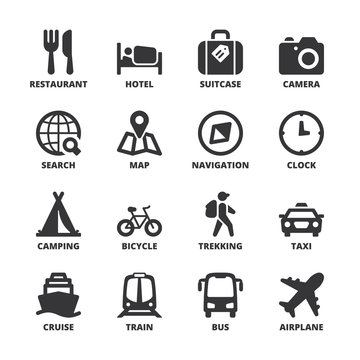 Travel flat symbols. Black