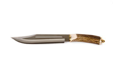 Hunting knife with handle of deer antler on a white background