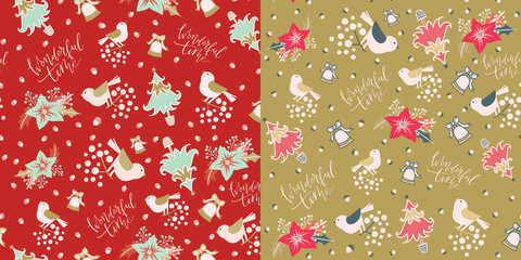 Hand drawn motifs of Merry and Bright,Happy Holidays,Happy New Year surface pattern design for fabric,wallpaper,background