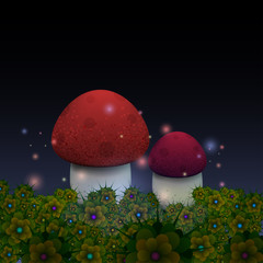 Magic mushrooms with fireflies in the night fairy forest. Vector illustration.