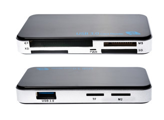 Collage of external generic USB 3.0 Card Reader isolated.