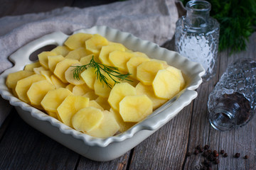 Raw potato gratin in the cooking process, horizontal