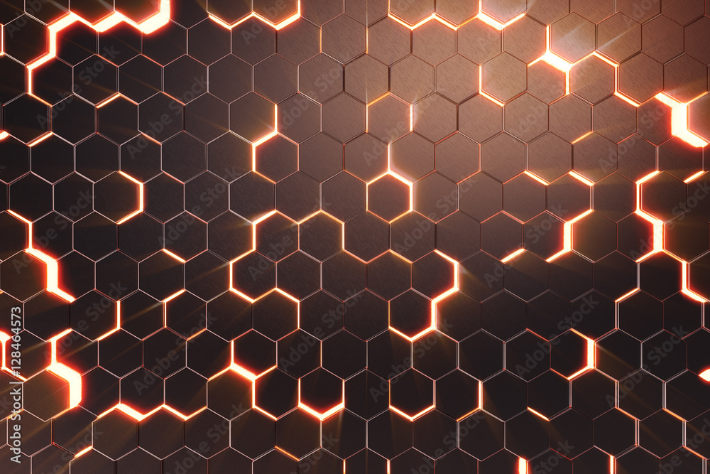 Poster abstract red of futuristic surface hexagon pattern with light rays. 3d rendering