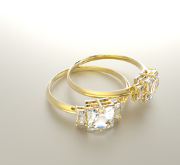 Golden wedding rings with diamonds.. 3D rendering