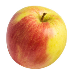 Perfect fresh red with yellow apple isolated on white background. Single juicy fruit in full depth of field with clipping path.