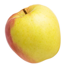 Perfect fresh red with yellow apple isolated on white background. Single juicy fruit in full depth of field with clipping path.