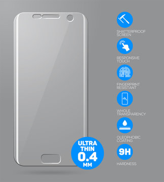 Screen protect Glass. Vector screen protector film or glass cover isolated on grey background. Mobile accessory. Vector illustration
