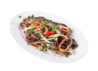 Grilled eggplants with paprika and onions.