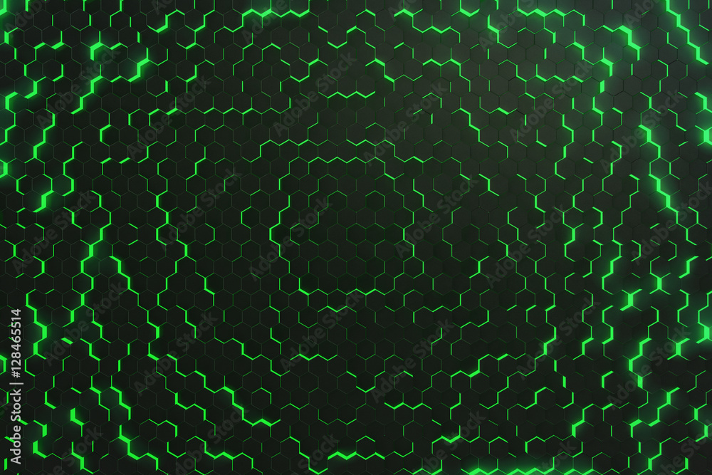Poster abstract green glowing pattern, colorful background of futuristic surface with hexagons. 3d renderin