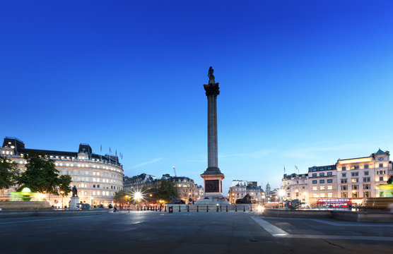 Trafalgar Square with Nelson Column at night, London, UK